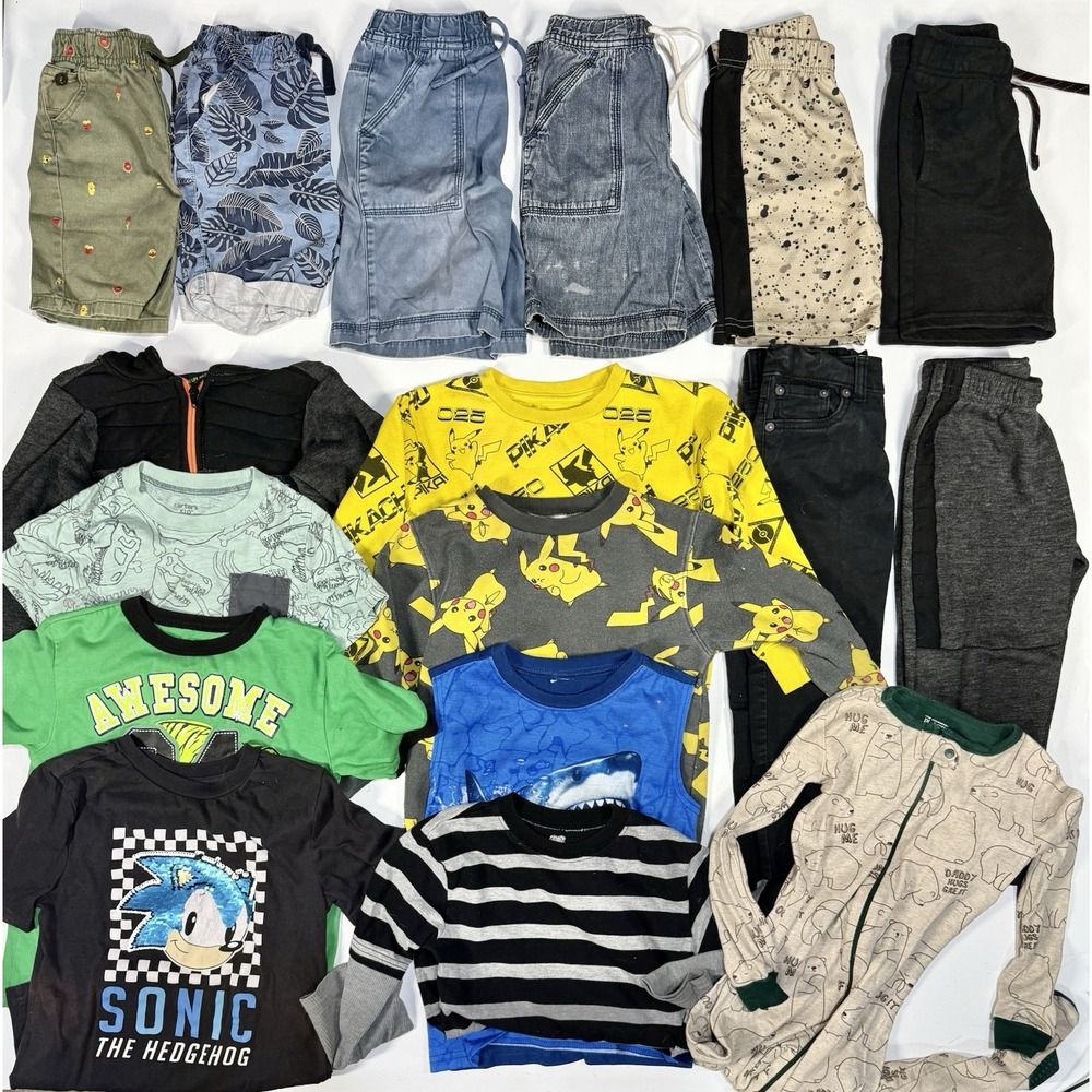 Boys 5-6 Clothing Lot 17 Pc Outfits Bundle Shorts Shirts Pullovers Graphic Tees